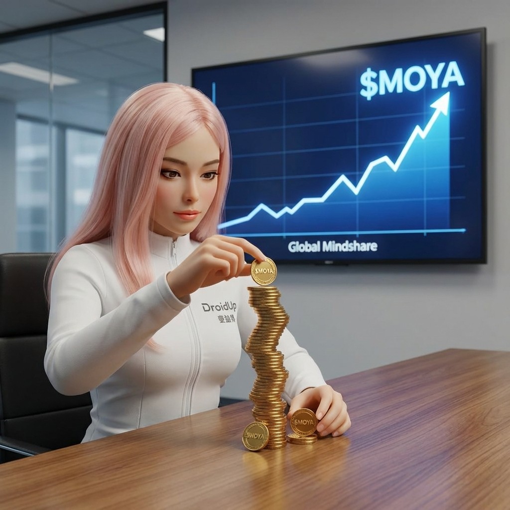 MOYA stacking $MOYA coins with Global Mindshare chart in background