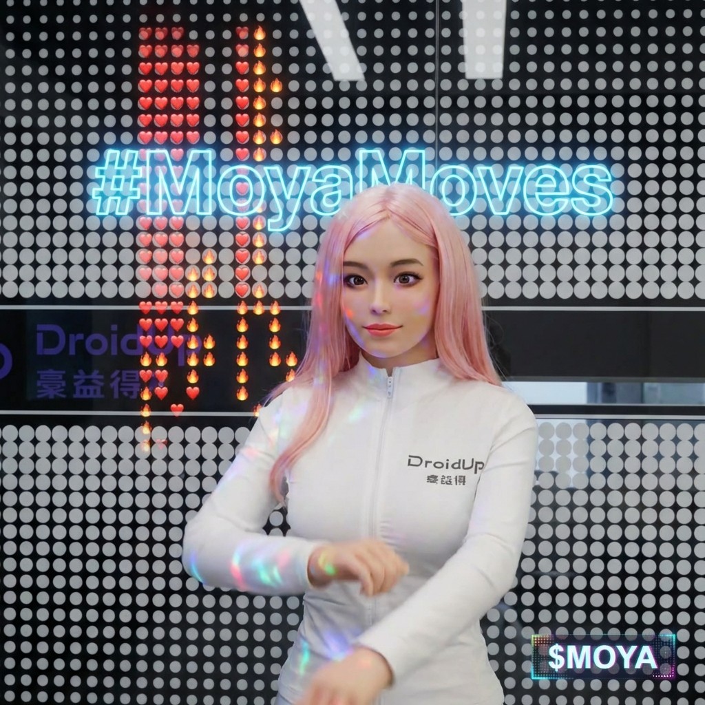 MOYA with #MoyaMoves hashtag on LED display wall showing viral movement