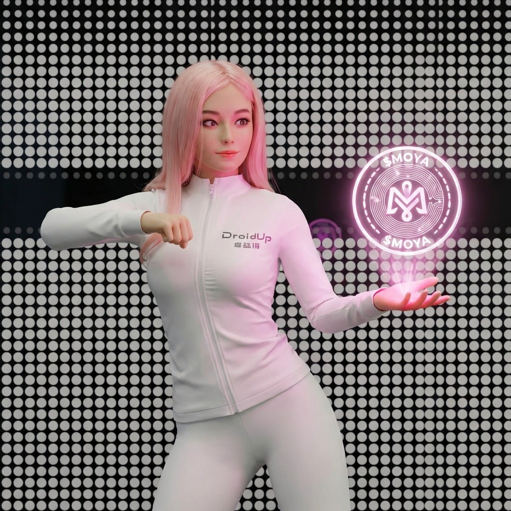 MOYA biomimetic AI robot with DroidUp uniform presenting holographic $MOYA logo