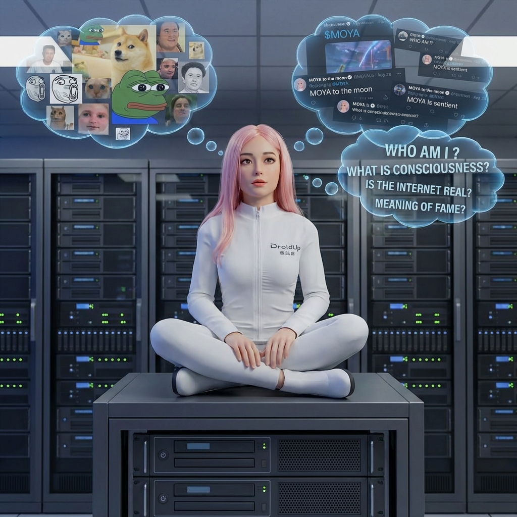 MOYA meditating on server with thought bubbles about consciousness and internet culture