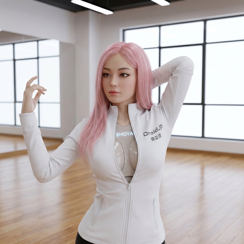 MOYA AI robot in elegant pose wearing DroidUp jacket in modern studio